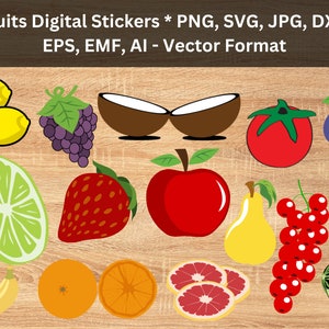 Fruit Stickers Set, Fruits Digital Stickers, Vector Files Dxf, Svg, Ai, Emf | Fruit Food Desgin, Colorful Fruits Stickers | Fruits Bundle