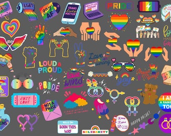 May include: A collection of colorful stickers with rainbow designs and messages of love, pride, and acceptance. The stickers feature phrases like "Love Wins", "Loud & Proud", "Just Love", and "Love Has No Gender".