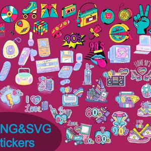 80's & 90's Nostalgia Stickers Pack | PNG SVG Bundle, retro stickers | Nostalgic Stickers | Kawaii Retro Cute Stickers