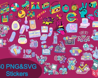 Pacchetto adesivi Nostalgia anni '80 e '90 / Bundle PNG SVG, adesivi retrò / Adesivi nostalgici / Kawaii Retro Cute Stickers