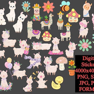 Llama Clipart Set, Cute Llama Illustrations, Alpaca Clip Art Images, Spring Cute Details | Digital Stickers, Printable Png, Svg, Jpg, Pdf