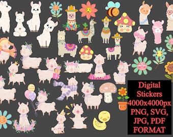 Llama Clipart Set, Cute Llama Illustrations, Alpaca Clip Art Images, Spring Cute Details | Digital Stickers, Printable Png, Svg, Jpg, Pdf
