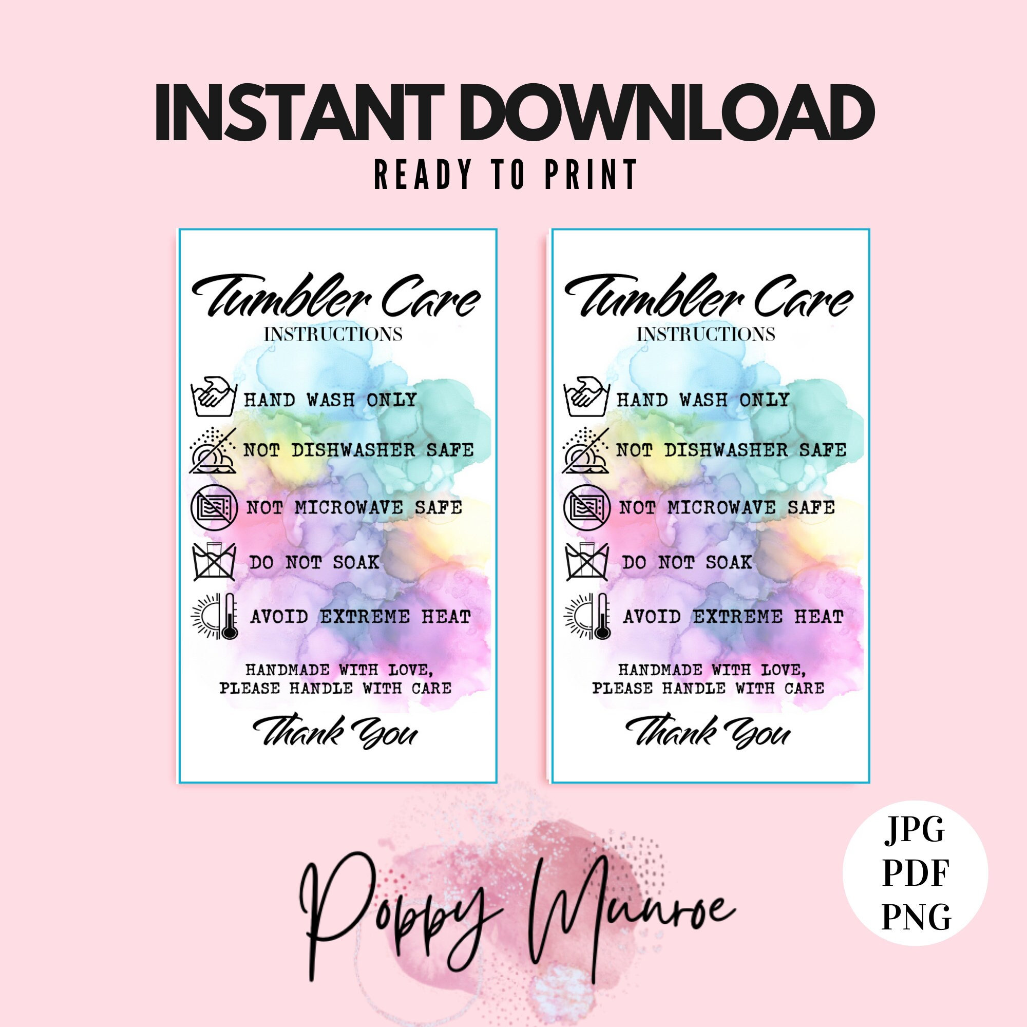 Tumbler Care Cards READY TO PRINT Instructions Card Tumbler - Etsy ...
