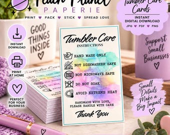 May include: A rectangular tumbler care instruction card featuring a watercolor background in shades of blue, pink, and yellow. The text includes instructions such as hand wash only, not dishwasher safe, not microwave safe, do not soak, and avoid extreme heat.