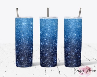 Envoltura para vaso de 20 oz, sublimación con degradado de purpurina azul, archivos digitales, vaso azul, delgado con purpurina