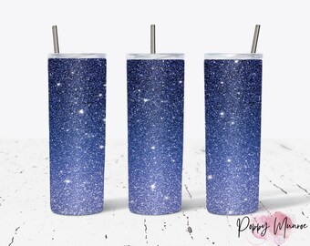 Envoltura de vaso de 20 oz, sublimación de ombre de brillo azul, archivos digitales, vaso azul, flaco de purpurina