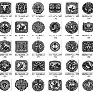 Puede incluir: Una colecci&oacute;n de hebillas de cintur&oacute;n plateadas variadas, cada una con un dise&ntilde;o &uacute;nico. Las hebillas presentan im&aacute;genes como calaveras, br&uacute;julas, caballos y otros motivos del oeste. El texto "BELT BUCKLE ART" se muestra en cada hebilla.