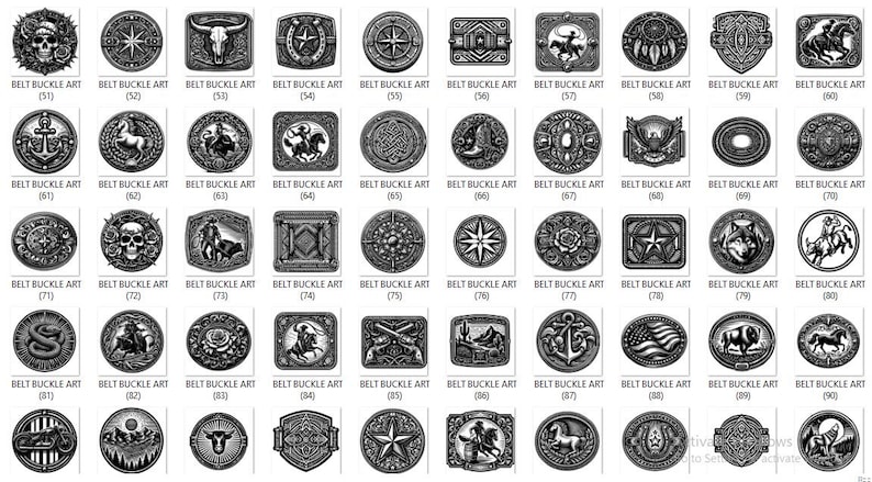 Puede incluir: Una colecci&oacute;n de hebillas de cintur&oacute;n plateadas variadas, cada una con un dise&ntilde;o &uacute;nico. Las hebillas presentan im&aacute;genes como calaveras, br&uacute;julas, caballos y otros motivos del oeste. El texto "BELT BUCKLE ART" se muestra en cada hebilla.