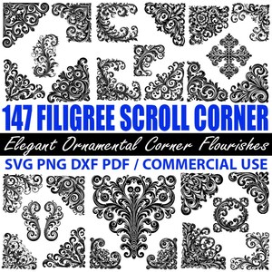 Può includere: Una collezione di 147 disegni di angoli a volute in filigrana in bianco e nero. L'immagine include vari eleganti elementi decorativi angolari. Il testo sull'immagine recita "147 FILIGREE SCROLL CORNER" e "Elegant Ornamental Corner Flourishes".