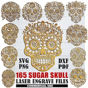 May include: A collection of intricately carved sugar skull designs in various styles. The skulls are in shades of gold and brown, with floral and decorative patterns. Text includes "SVG PNG", "DXF PDF", and "165 SUGAR SKULL LASER ENGRAVE FILES".