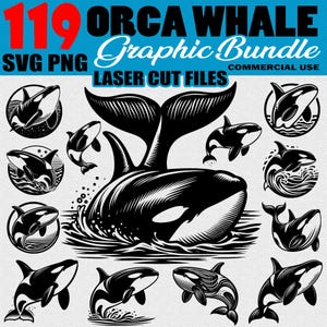 Könnte beinhalten: Ein Grafikpaket mit 119 Orca-Wal-Designs in SVG- und PNG-Formaten. Die Designs sind in Schwarz und Weiß gehalten und zeigen verschiedene Illustrationen von Orcas, darunter Ganzkörperansichten, kreisförmige Rahmen und Schwanzdetails. Text enthält "Orca Whale Graphic Bundle" und "Laser Cut Files".