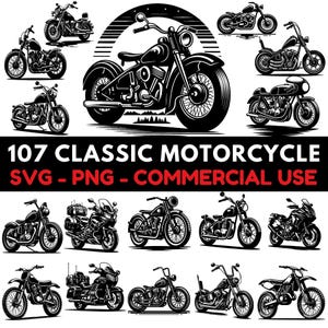 Könnte beinhalten: Schwarz-Weiß-Illustrationen klassischer Motorräder in verschiedenen Ausführungen. Der Text "107 CLASSIC MOTORCYCLE SVG - PNG - COMMERCIAL USE" ist ebenfalls enthalten.