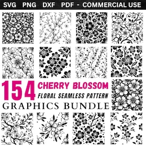 Könnte beinhalten: Eine Sammlung von 12 quadratischen Mustern mit Kirschblüten-Blumendesigns in Schwarz und Weiß. Das Bild enthält den Text "154 CHERRY BLOSSOM FLORAL SEAMLESS PATTERN GRAPHICS BUNDLE" unten und "SVG PNG DXF PDF - COMMERCIAL USE" oben.