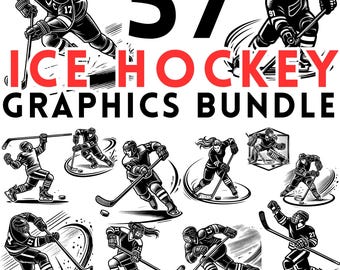 May include: A set of 57 black and white vector illustrations of ice hockey players in various poses. The illustrations are in a vintage style and are perfect for use in sports-themed designs. The text "ICE HOCKEY GRAPHICS BUNDLE" and "SVG PNG COMMERCIAL USE" is included in the image.