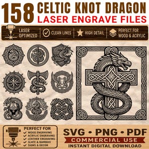 May include: A digital collection of 158 Celtic knot dragon laser engrave files featuring various black and white graphic designs of dragons intertwined with swords, axes, helmets, and crosses, presented in SVG, PNG, and PDF formats for laser cutting.