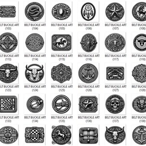 Puede incluir: Una colecci&oacute;n de hebillas de cintur&oacute;n en tonos plateados, cada una con un dise&ntilde;o &uacute;nico. Las hebillas presentan im&aacute;genes de un toro, una serpiente, una estrella, una calavera y otros motivos de tem&aacute;tica occidental. El texto "BELT BUCKLE ART" se muestra debajo de cada hebilla.