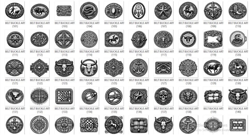 Puede incluir: Una colecci&oacute;n de hebillas de cintur&oacute;n en tonos plateados, cada una con un dise&ntilde;o &uacute;nico. Las hebillas presentan im&aacute;genes de un toro, una serpiente, una estrella, una calavera y otros motivos de tem&aacute;tica occidental. El texto "BELT BUCKLE ART" se muestra debajo de cada hebilla.