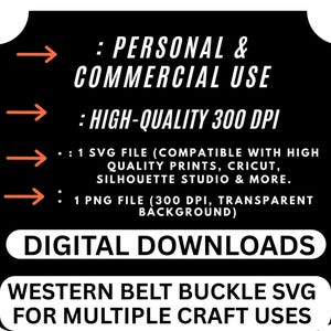 Puede incluir: Gr&aacute;fico negro con texto blanco que dice "USO PERSONAL Y COMERCIAL", "ALTA CALIDAD 300 DPI", y detalles del archivo. La parte inferior del gr&aacute;fico dice "DESCARGAS DIGITALES" y "HEBILLA DE CINTUR&Oacute;N WESTERN SVG PARA M&Uacute;LTIPLES USOS ARTESANALES".
