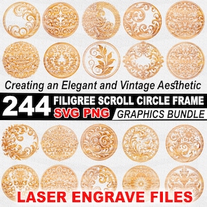 Puede incluir: Un conjunto de 244 diseños intrincados de marcos circulares con desplazamiento en tono dorado. Los marcos son perfectos para el grabado láser y presentan una estética vintage. El texto "FILIGREE SCROLL CIRCLE FRAME SVG PNG GRAPHICS BUNDLE" y "LASER ENGRAVE FILES" se muestra en la parte superior e inferior de la imagen.