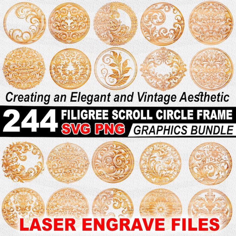 Puede incluir: Un paquete de gr&aacute;ficos digitales con 244 marcos circulares de filigrana con texturas de vetas de madera. El texto dice: Creating an Elegant and Vintage Aesthetic, 244 FILIGREE SCROLL CIRCLE FRAME SVG PNG GRAPHICS BUNDLE, LASER ENGRAVE FILES.