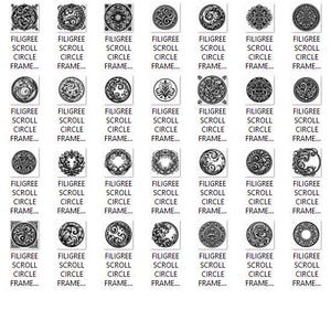 Puede incluir: Una colecci&oacute;n de iconos digitales circulares en blanco y negro con intrincados patrones de filigrana. Cada baldosa cuadrada individual muestra un dise&ntilde;o ornamental &uacute;nico y detallado con el texto FILIGREE SCROLL CIRCLE FRAME.