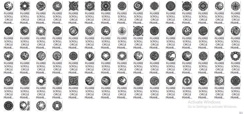 Puede incluir: Una colecci&oacute;n de iconos digitales circulares en blanco y negro con intrincados patrones de filigrana. Cada baldosa cuadrada individual muestra un dise&ntilde;o ornamental &uacute;nico y detallado con el texto FILIGREE SCROLL CIRCLE FRAME.