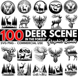 Deer Scene SVG Bundle | Forest Wildlife Deer PNG | Cricut Deer Cut Files | Woodland Deer Silhouette | Hunting SVG | Commercial use