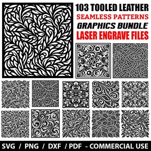 May include: A collection of 103 laser-engravable leather patterns in black and white. The graphics bundle includes seamless patterns and laser engrave files in SVG, PNG, DXF, and PDF formats for commercial use.