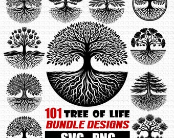 May include: A set of 101 black and white tree of life SVG and PNG designs for commercial use. The designs feature various styles of trees with roots and branches.
