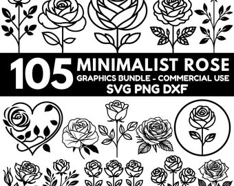 Pacchetto SVG di rose minimaliste, file di taglio di rose con disegno lineare, file SVG PNG DXF di fiori semplici, clipart di contorni floreali per Cricut, uso commerciale floreale