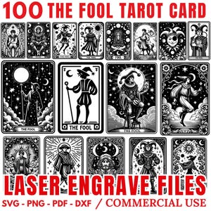 May include: A collection of 100 black and white "The Fool" tarot card designs. Each card features unique illustrations of the Fool archetype. The image includes the text "LASER ENGRAVE FILES" and file type options.