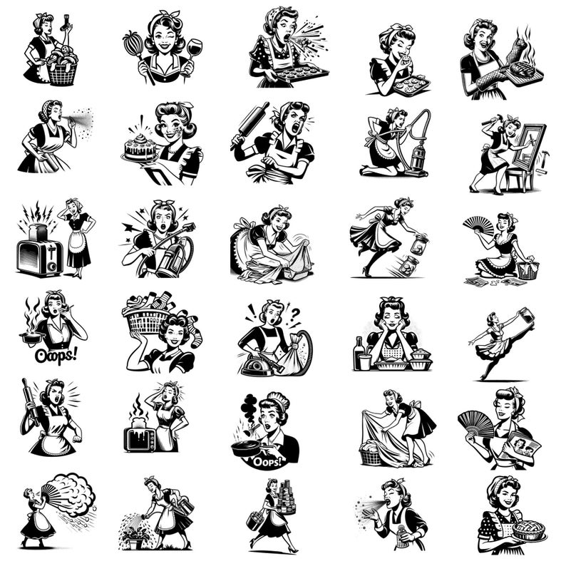 May include: A black and white illustration set of 36 images depicting a woman in various household chores and activities. The woman is dressed in a vintage style dress and is shown doing tasks such as cooking, cleaning, ironing, and vacuuming. The illustrations are in a retro style and are perfect for use in a variety of projects.
