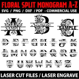 May include: Black and white floral split monogram letters A-Z. Each letter is split horizontally with a floral design above and below the split. The word "Sample" is written across the split in some letters. The text "FLORAL SPLIT MONOGRAM A-Z" is at the top.