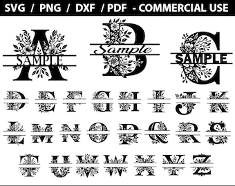 May include: Black and white floral split monogram letters A-Z. Each letter is split horizontally with a floral design above and below the split. The word "Sample" is written across the split in some letters. The text "FLORAL SPLIT MONOGRAM A-Z" is at the top.