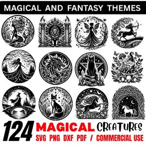 Op de afbeelding: Zwart-wit illustraties van magische wezens, waaronder een zeemeermin, draak en eenhoorn. De afbeelding bevat de tekst "MAGICAL AND FANTASY THEMES" en "124 MAGICAL CREATURES".