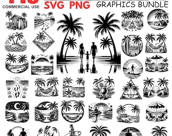 Puede incluir: Un conjunto de 415 gráficos de escena de playa en blanco y negro en formato SVG y PNG. Los gráficos incluyen palmeras, sombrillas de playa, tablas de surf, conchas marinas y más.