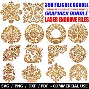 Puede incluir: Una colección de 16 diseños de volutas de filigrana dorada. La imagen incluye varios patrones florales y geométricos, como rosetas y espirales. El texto en la parte superior dice "390 FILIGREE SCROLL GRAPHICS BUNDLE LASER ENGRAVE FILES."