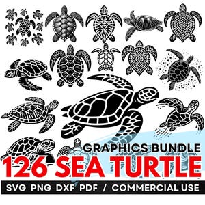 Op de afbeelding: Een bundel van 126 zeeschildpad afbeeldingen, met diverse ontwerpen van gedetailleerde illustraties tot eenvoudige silhouetten. De ontwerpen zijn in zwart en wit, geschikt voor SVG, PNG, DXF en PDF formaten, en zijn voor commercieel gebruik.