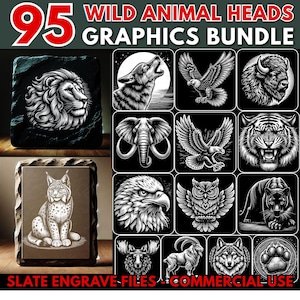 Slate engrave files Wild Animal Heads, Laser Ready PNG files for engraving, Lightburn, CNC, Digital Downloads, Commercial use