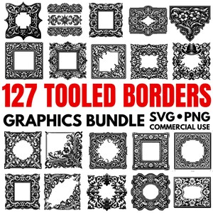Pode incluir: Uma coleção de 127 bordas trabalhadas em preto e branco, com designs intrincados. O pacote de gráficos inclui vários estilos de molduras, elementos decorativos e o texto "127 Tooled Borders Graphics Bundle SVG PNG Commercial Use".