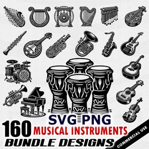 Op de afbeelding: Zwart-wit illustratie van diverse muziekinstrumenten, waaronder een saxofoon, harp en drums. De afbeelding bevat de tekst "160 MUSICAL INSTRUMENTS BUNDLE DESIGNS" en "SVG PNG".