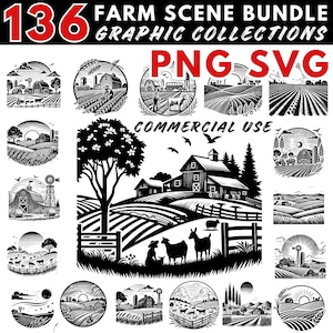 Puede incluir: Una ilustración en blanco y negro de una escena de granja con una granja, árboles, campos y animales. El texto "136 FARM SCENE BUNDLE GRAPHIC COLLECTIONS PNG SVG COMMERCIAL USE" está en la parte superior de la imagen.