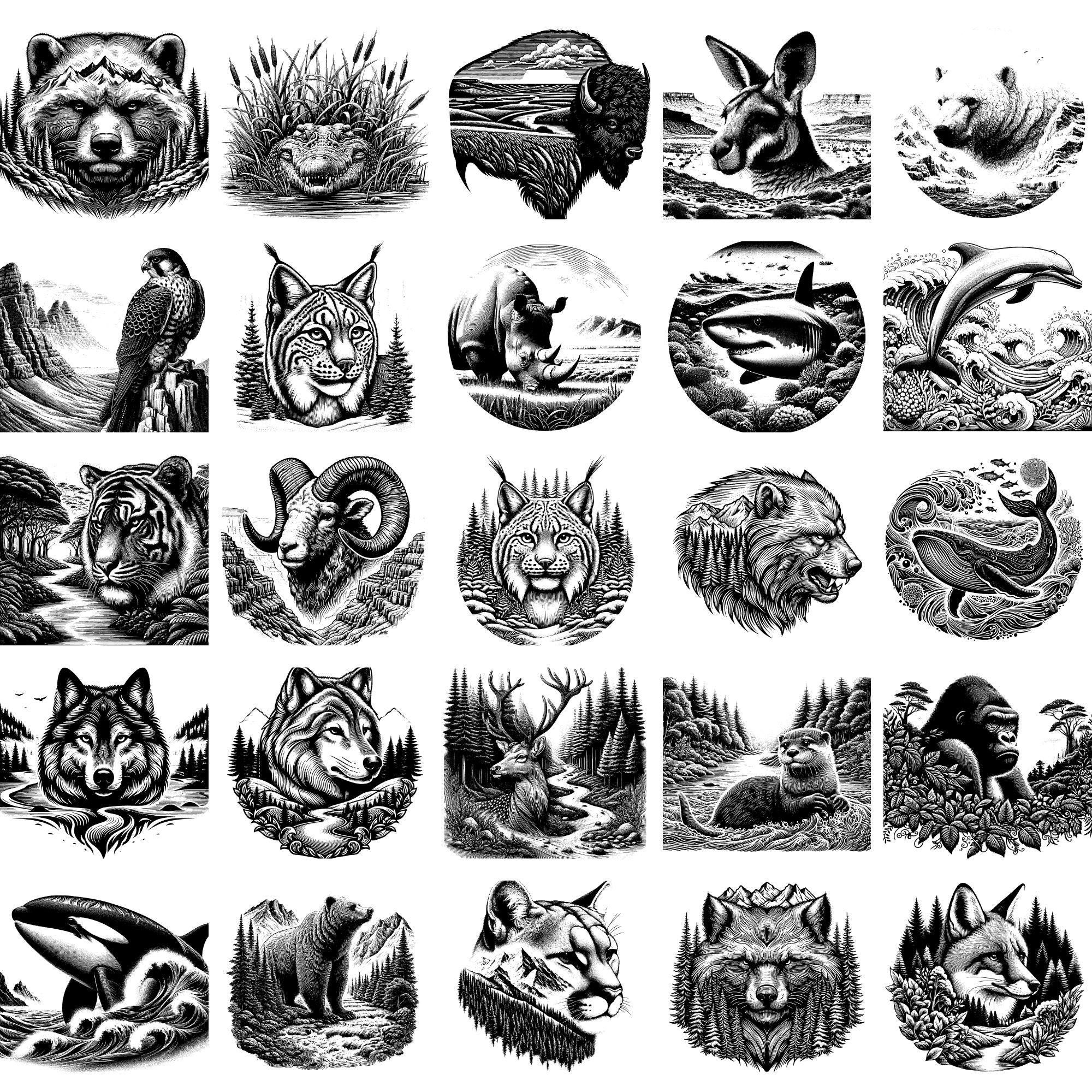 Wild Animals Vector Bundle | Wildlife Double Exposure Engraving Designs ...