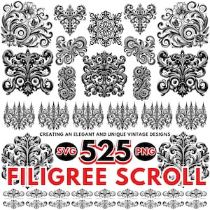 Paquete SVG y PNG de pergamino de filigrana, pergamino de filigrana elegante para Cricut, clipart de pergamino decorativo, diseño vintage florido, uso comercial