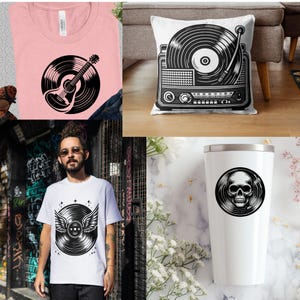 May include: A set of four products featuring a vinyl record design. A pink t-shirt with a guitar inside a record, a white pillow with a record player, a white t-shirt with a record with wings, and a white travel mug with a skull inside a record.