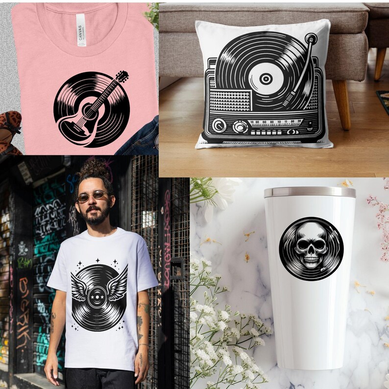 May include: A set of four products featuring a vinyl record design. A pink t-shirt with a guitar inside a record, a white pillow with a record player, a white t-shirt with a record with wings, and a white travel mug with a skull inside a record.