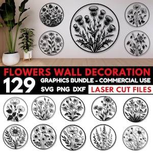 Flowers Wall Decoration SVG Bundle, Laser Cut Floral Wall Art SVG, Home Decor Cut Files, Glowforge, Floral Room Decor SVG, Commercial Use