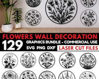 Flowers Wall Decoration SVG Bundle, Laser Cut Floral Wall Art SVG, Home Decor Cut Files, Glowforge, Floral Room Decor SVG, Commercial Use