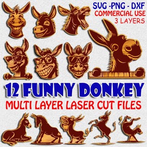 Funny Donkey SVG 3-Layer Bundle | Multi Layer Donkey Laser Cut Files for Cricut & Glowforge, Farm Animal SVG, Layered Donkey Cut File Set