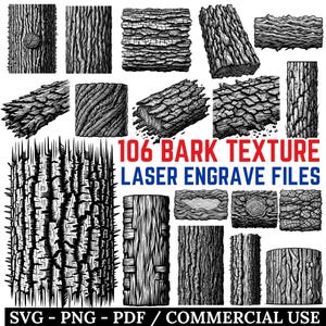 Puede incluir: Imagen de 106 archivos de texturas de corteza para grabado láser en formatos SVG, PNG y PDF. La ilustración muestra diversas texturas de corteza de árbol, en blanco y negro, para proyectos de grabado.